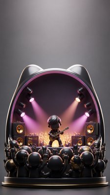 a live music scene with a glowing stage and silhouetted crowd, energetic vertical composition with open space at the top, no text