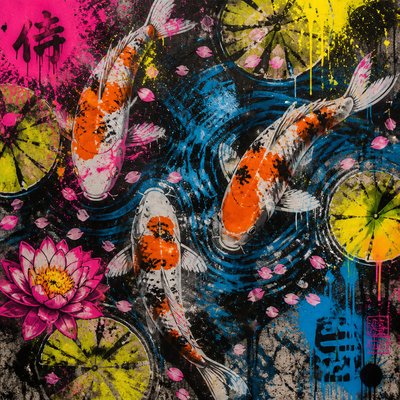 A koi pond seen from above, orange and white koi fish swimming among lily pads, clear water with subtle ripples, fallen cherry blossom petals floating on the surface, dappled sunlight