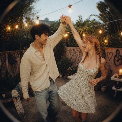 an original couple dancing under string lights in a garden at dusk: a man with short black hair in a linen shirt and a woman with braided red hair in a summer dress