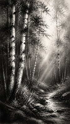 a serene birch forest in soft morning light, no people, no text