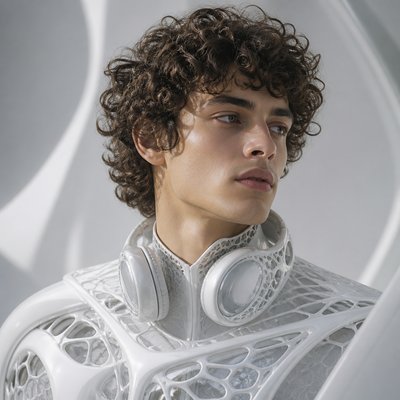 head-and-shoulders portrait of an original character: a young man with curly dark hair and headphones around his neck, plain backdrop, no text