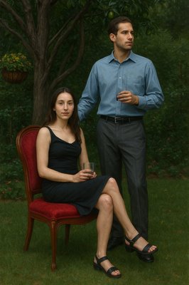 a man standing next to a woman sitting on a red chair