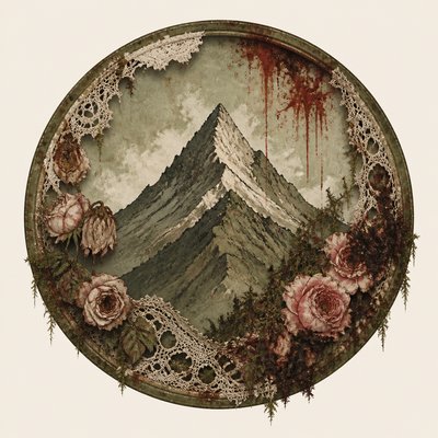 an emblem of a mountain peak inside a circle, simple bold shapes on a plain background, no text or lettering