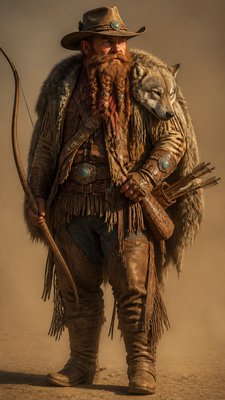 full-body original character: a dwarven ranger with a braided auburn beard, worn leather armor, a longbow and a wolf-pelt cloak, neutral background, no text