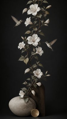 a climbing vine of flowers and hummingbirds on a dark background, tall wrapping composition, no text