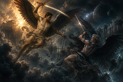 a painting of two angels fighting over a demon