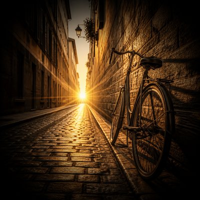 bicyle resting against a wall — Single Focal Point Art Style