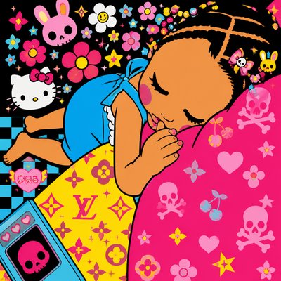 a little girl sleeping in a bed with skulls and flowers