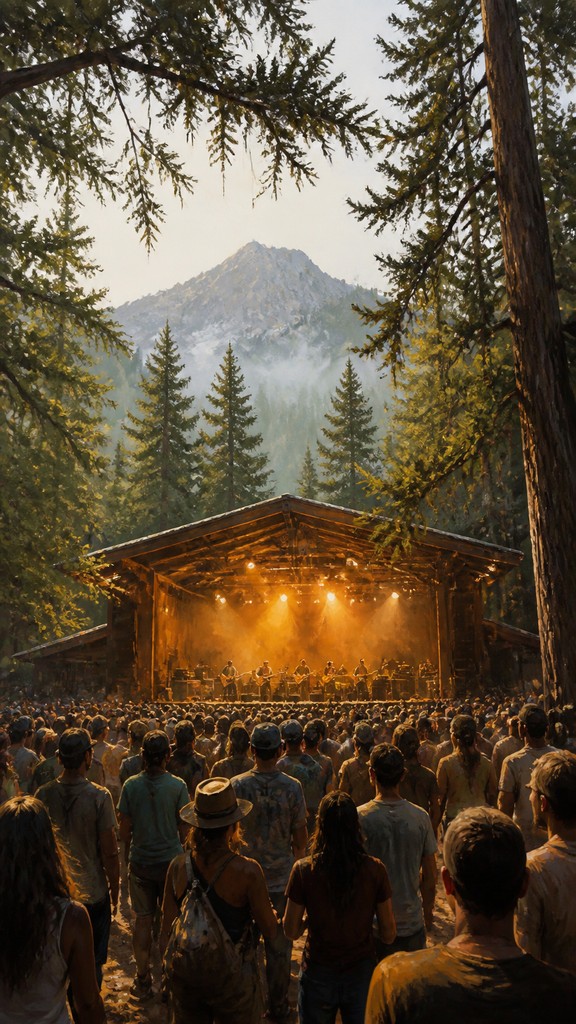 a live music scene with a glowing stage and silhouetted crowd, energetic vertical composition with open space at the top, no text