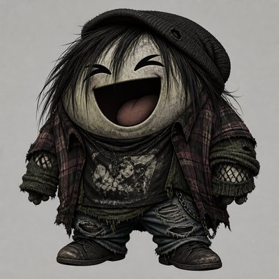 an exaggerated laughing face of an original round mascot character, bold and readable at small size, plain background, no text