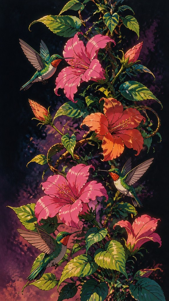 a climbing vine of flowers and hummingbirds on a dark background, tall wrapping composition, no text