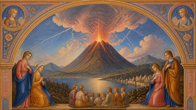 an erupting volcano with lightning strikes, dramatic wide composition, no text