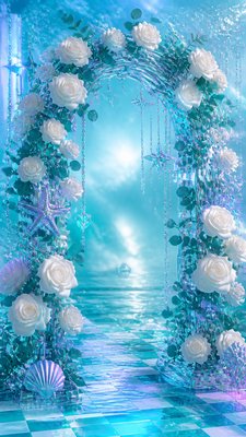 an arch of white roses and eucalyptus in soft morning light, elegant vertical composition with open space, no text