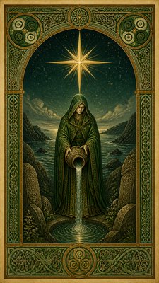 a robed figure pouring water beneath a large eight-pointed star in a night sky, symmetrical composition with an ornate decorative border, no text