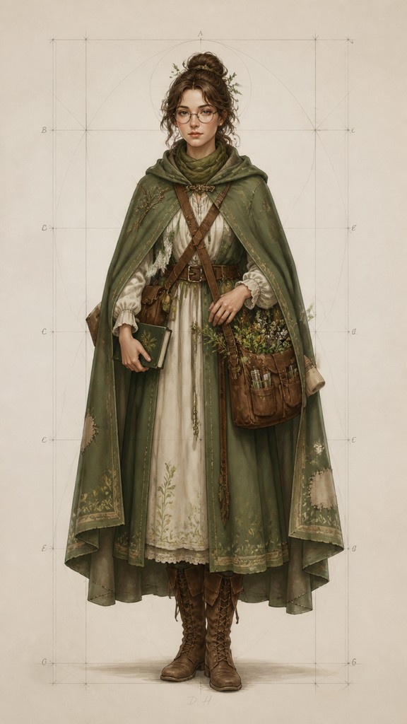 full-body original character: a wandering botanist with a satchel of plants, a patched green cloak, tall boots and round glasses, neutral background