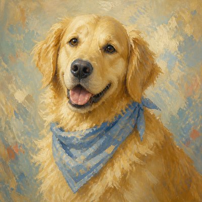 portrait of a golden retriever wearing a blue bandana, warm plain backdrop, no text