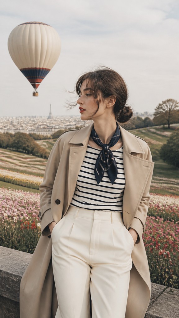a hot air balloon drifting over rolling flower fields on a sunny day, cheerful, no text