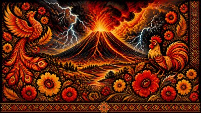 an erupting volcano with lightning strikes, dramatic wide composition, no text