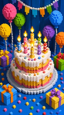 a birthday cake with lit candles surrounded by balloons and confetti, festive vertical composition, no text