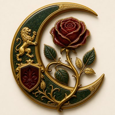 a rose entwined with a crescent moon, clean balanced composition on a plain background, no text