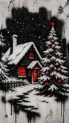 a snow-covered cottage with warm glowing windows beside a decorated pine tree, gentle snowfall, no text