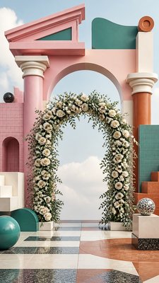 an arch of white roses and eucalyptus in soft morning light, elegant vertical composition with open space, no text