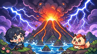 an erupting volcano with lightning strikes, dramatic wide composition, no text
