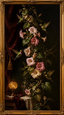 a climbing vine of flowers and hummingbirds on a dark background, tall wrapping composition, no text