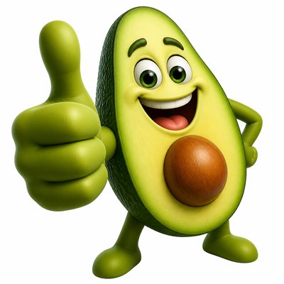a happy avocado character giving a thumbs up, bold readable design on a plain background, no text