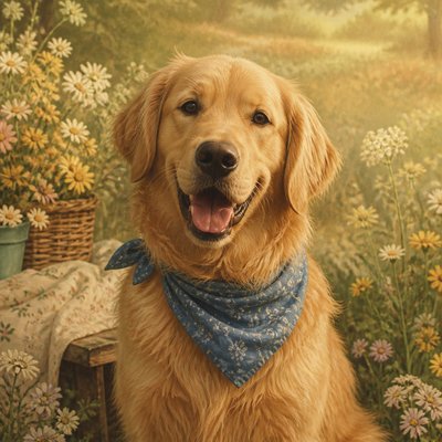 portrait of a golden retriever wearing a blue bandana, warm plain backdrop, no text