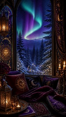 a snowy pine forest under the northern lights, no people