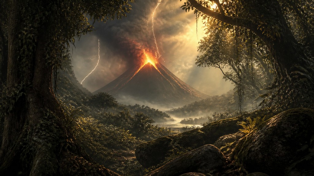 an erupting volcano with lightning strikes, dramatic wide composition, no text