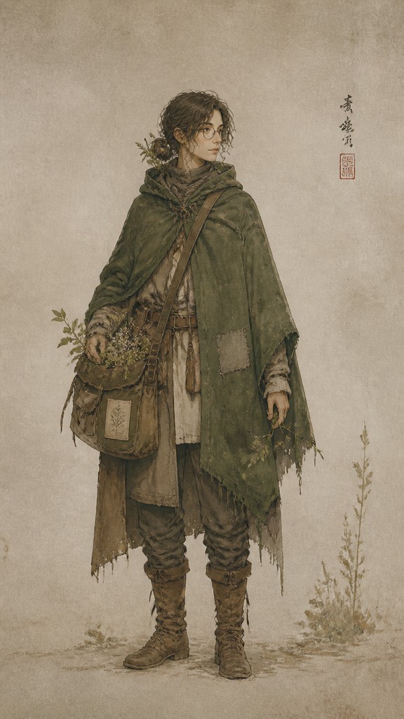 full-body original character: a wandering botanist with a satchel of plants, a patched green cloak, tall boots and round glasses, neutral background