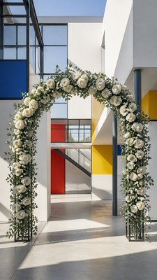 an arch of white roses and eucalyptus in soft morning light, elegant vertical composition with open space, no text