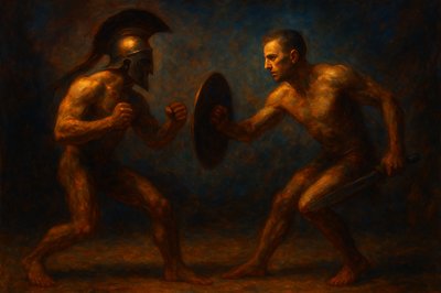 a painting of two men fighting with each other