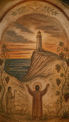 a lone lighthouse on a cliff at dusk under a dramatic sky, no text or lettering