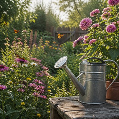 a garden scene with butterflies, flowers and a watering can, clean uncolored line art, no text