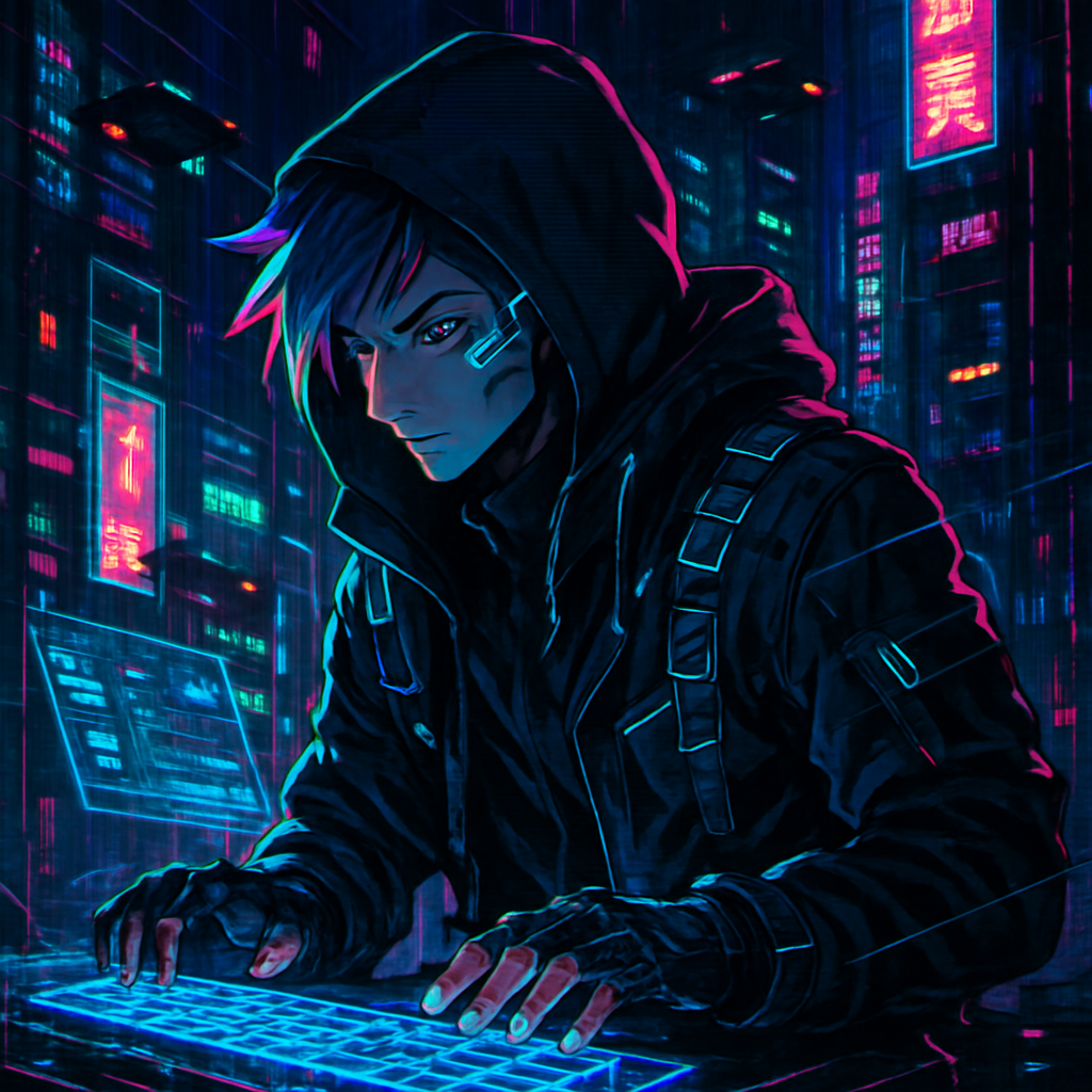 Street hacker with holographic keyboard