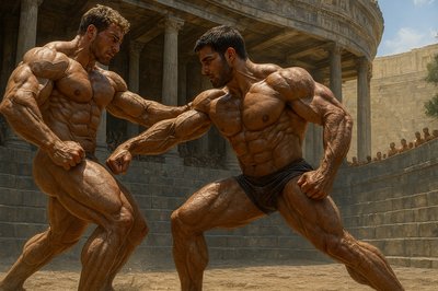 a couple of men standing next to each other in front of a building