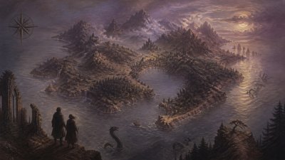 a map of an island realm with mountains, forests, a sheltered bay, sea monsters in the water and a compass rose, no text labels