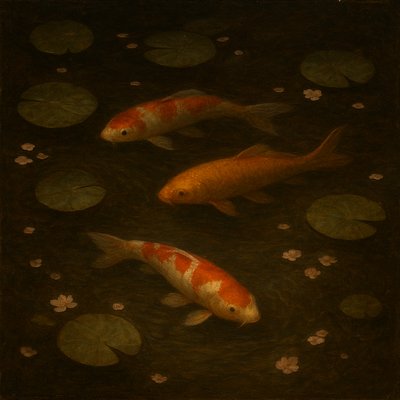 A koi pond seen from above, orange and white koi fish swimming among lily pads, clear water with subtle ripples, fallen cherry blossom petals floating on the surface, dappled sunlight