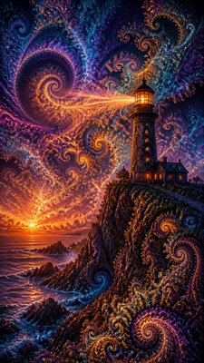 a lone lighthouse on a cliff at dusk under a dramatic sky, no text or lettering