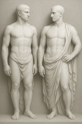 two statues of men standing next to each other
