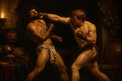 a painting of two men fighting with each other