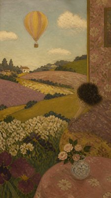 a hot air balloon drifting over rolling flower fields on a sunny day, cheerful, no text