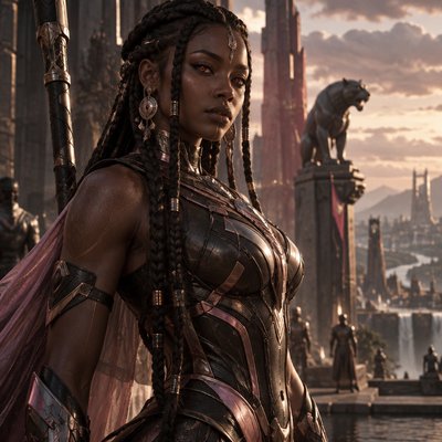 Je veux que tu me fasses une hyper realiste guerriere, tres modern avec une armure moderne genre full rose noir argenté sombre et voileen soie transparent mais juste un peu si besoin mais elle une armure, le voile c’est juste histoire de rajouter du tissu sans manche on voit ses muscle et des cheveux tressées et brun et elle a des yeux rose orangé brillant, on dirait presque une deesse de l’ afrique ancien avec l’ethnie 