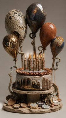 a birthday cake with lit candles surrounded by balloons and confetti, festive vertical composition, no text