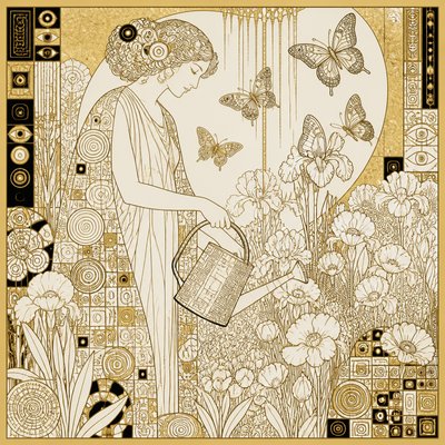 a garden scene with butterflies, flowers and a watering can, clean uncolored line art, no text