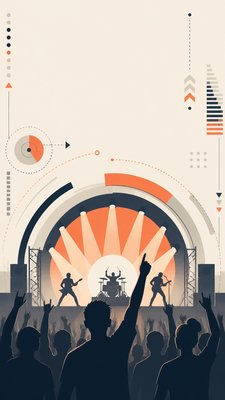 a live music scene with a glowing stage and silhouetted crowd, energetic vertical composition with open space at the top, no text