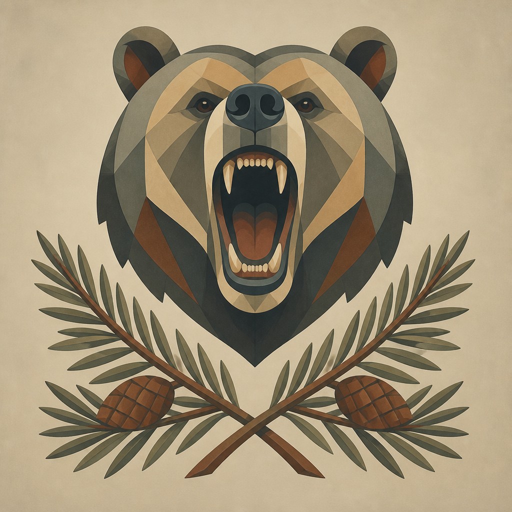 a roaring bear head above crossed pine branches, bold graphic composition on a plain background, no text